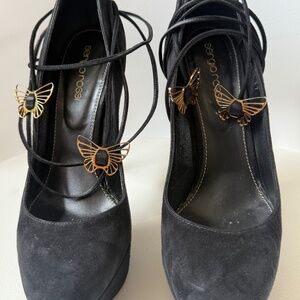 Sergio Rossi Black Suede Butterfly Lace-Up Platform Heels – Size 37